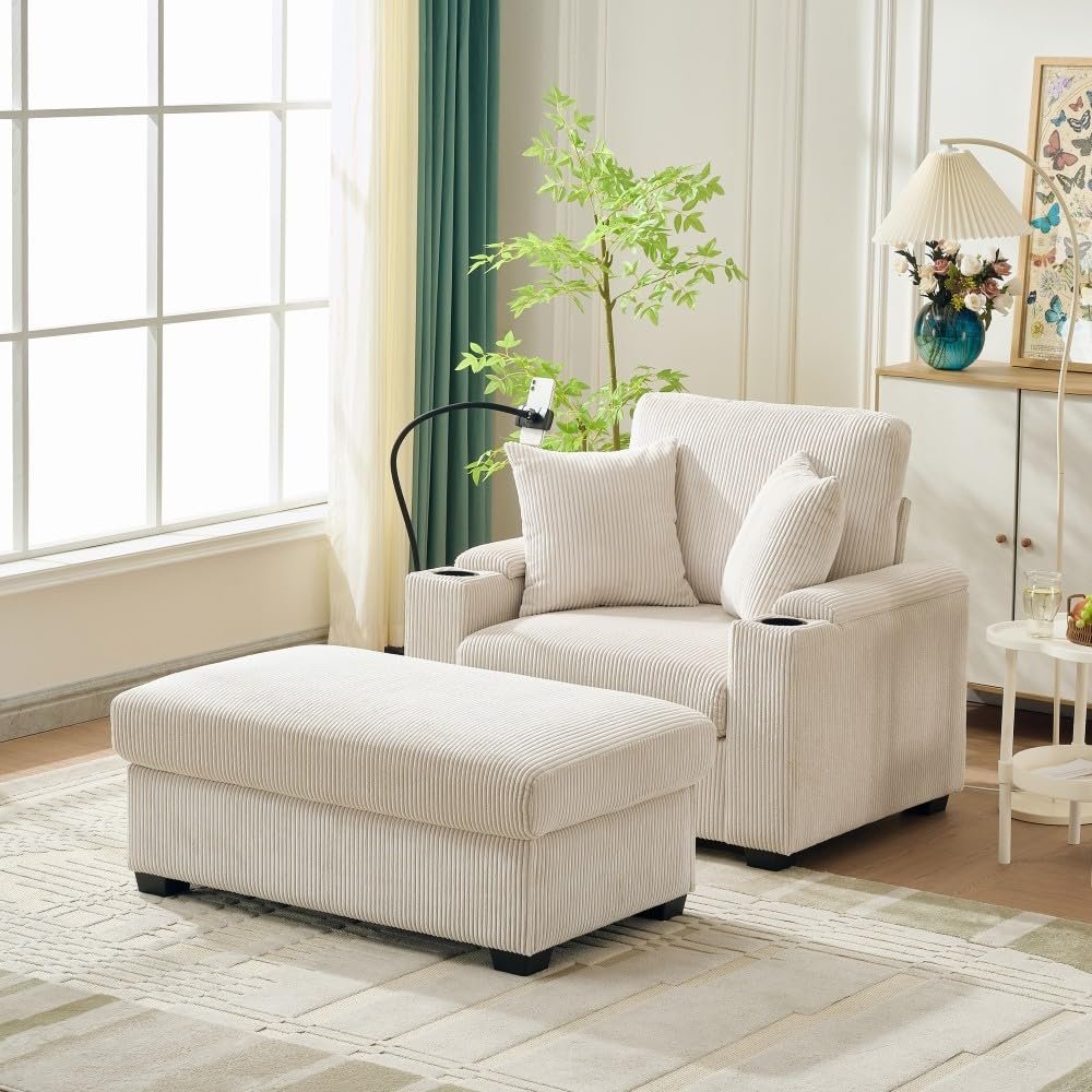 55" Oversized Chaise Lounge Chair Indoor with Ottoman and Storage,with Cup Holder,Mobile Phone Stand&USB Charging Port,for Living Room, Bedroom (Beige + Fabric + Foam)