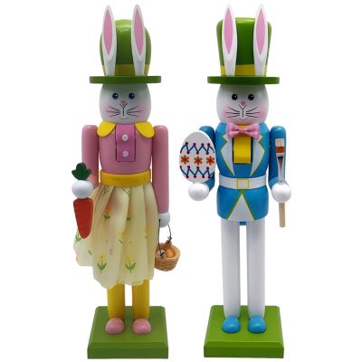 Easter Bunny Nutcracker Wooden 2 Pcs, 12.1 in (30.8 Cm) Decor and Light Blue, Traditional Painted Pine Wood Home Accent Includes