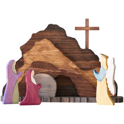 Easter Decor He Is Risen, Home Religious Decorations Easter, Jesus Wooden Nativity Scene, Cross Multi-Colored, Tomb Background Shape, Christian Decoration And Gifts Easter Ideal For