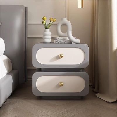 2 Drawers Solid Wood Bedside Table Cream Style Night Stand Leather Finish Bedside Table End Tables Storage Cabinet Solid Construction(Gray,45cm)