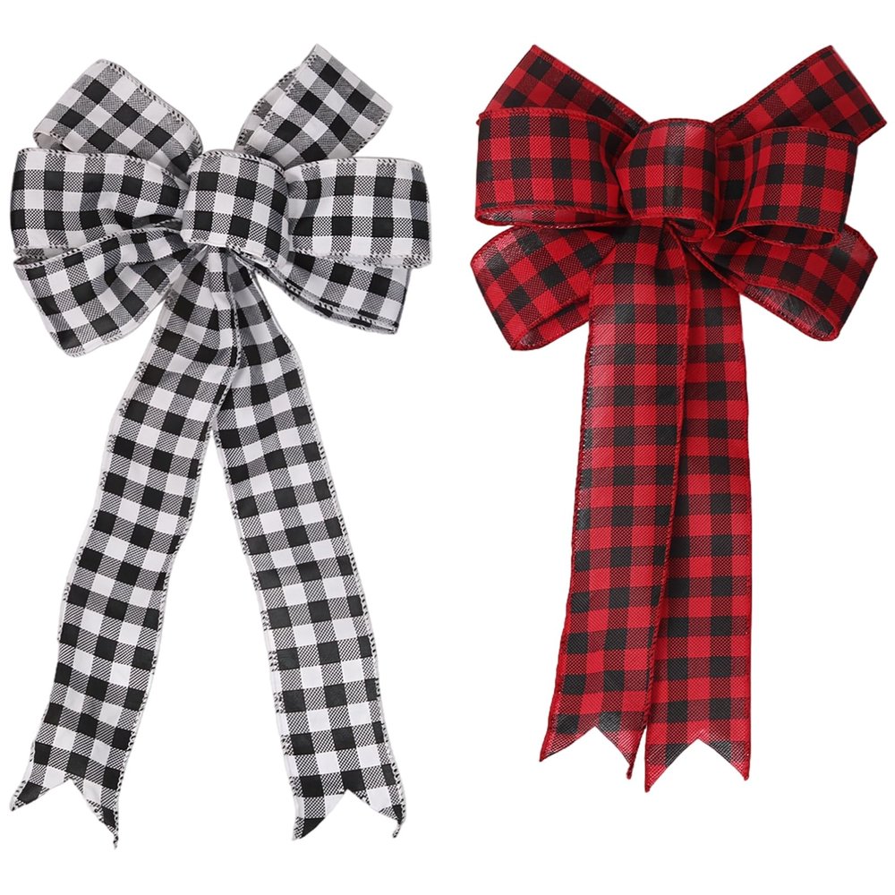 Christmas Bows Large 2 Pcs for Tree Decorations, Ribbon Red and Black/White Plaid Handcrafted, Festive Decor Holiday Wreaths and Gift Wrapping Great for