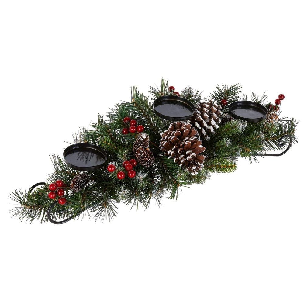 Wreath Christmas Candle Holder, Pine Cone Decorations and Berry Red, Iron Frame 3-Cup, Construction PVC and Iron, Ideal for Decoration Holiday Tabletop
