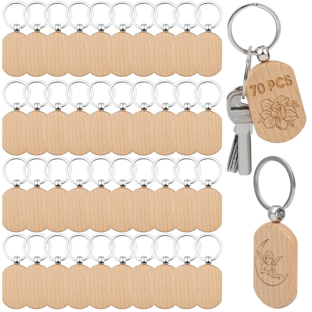 70 Pcs Wood Key Chain Bulk, Wooden Keychains, Wood Key Ring Key Tag For Diy Gift Crafts, Engraving Blanks Wooden Blank Keychains