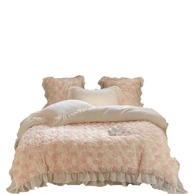 SiJiiEE 3D Rose Lace Frilly Wedding Bed Set Velvet Duvet Cover Pillowcase(OneColor,200X230cm 4pcs)