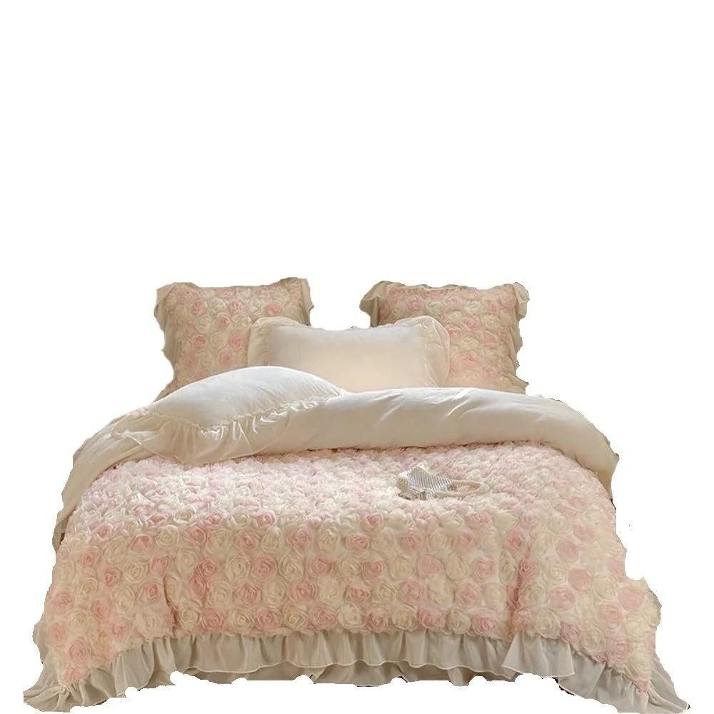 SiJiiEE 3D Rose Lace Frilly Wedding Bed Set Velvet Duvet Cover Pillowcase(OneColor,200X230cm 4pcs)