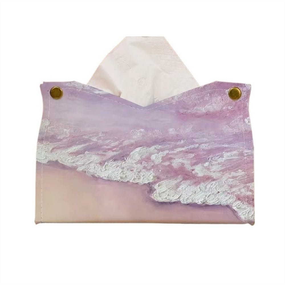 Light Luxury Style Tissue Box Cover Colourful Oil Painting PU Leather Holder Office Napkin Dispenser Napkin Holder(Pink)