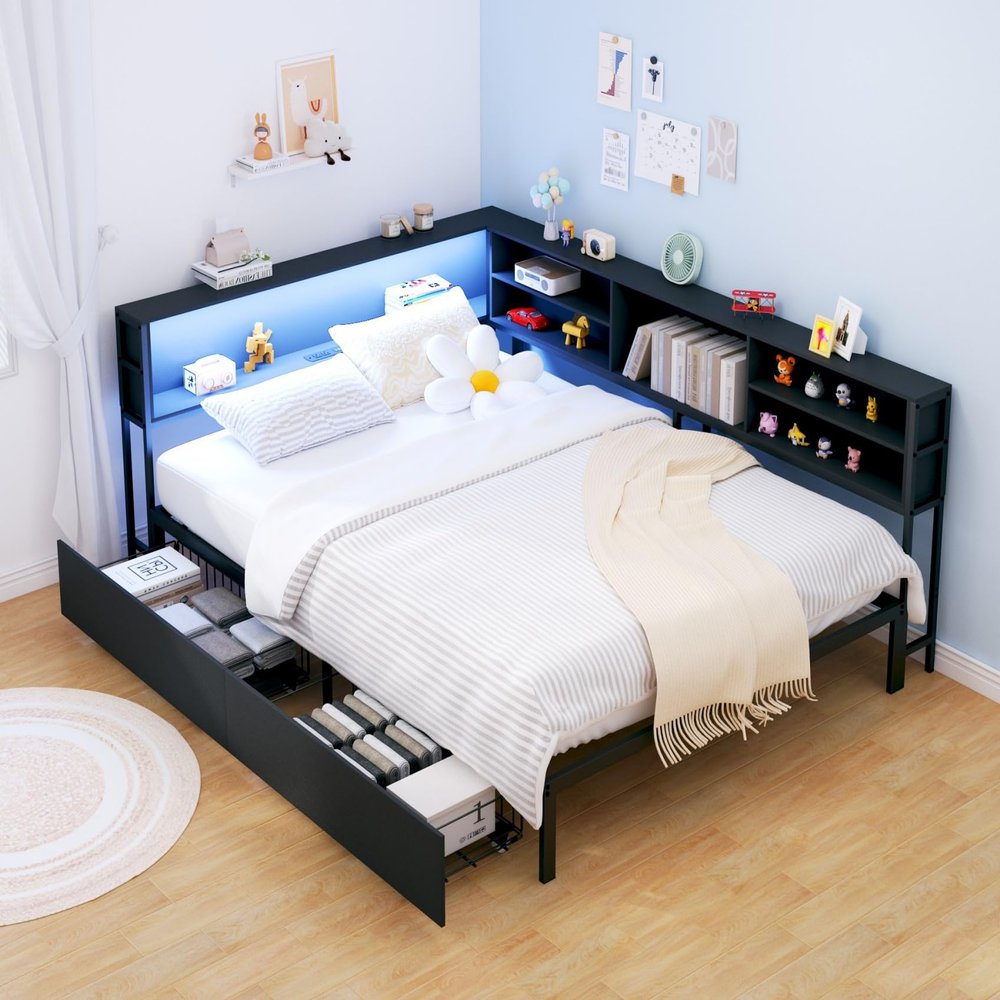 KEIKI Full Size Corner Bed Frames with Storage Drawers, Charging Station, Led Light & Bookcase Headboard, Wooden & Metal L-Shaped Captain Daybed for Small Room, Bedroom, Guest Room, kids'Room, Black
