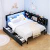 KEIKI Full Size Corner Bed Frames with Storage Drawers, Charging Station, Led Light & Bookcase Headboard, Wooden & Metal L-Shaped Captain Daybed for Small Room, Bedroom, Guest Room, kids'Room, Black view 1