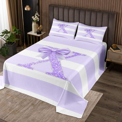 Erosebridal Initial Letter X Coverlet Set Twin Size Glitter Bow Kids Quilt Set Purple Bowknot Bedspread Personalized Monogram Stripes Bedding Sets for Girls Teens Women Room
