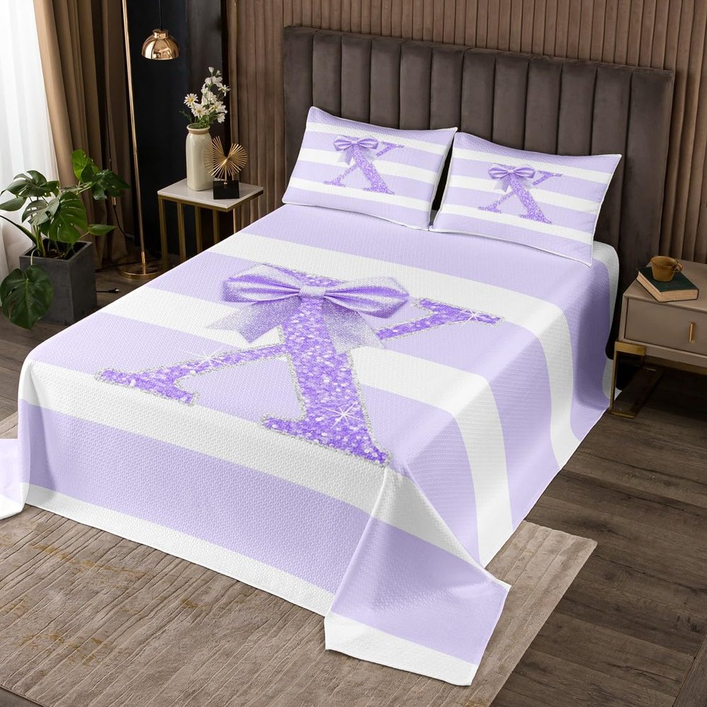 Erosebridal Initial Letter X Coverlet Set Twin Size Glitter Bow Kids Quilt Set Purple Bowknot Bedspread Personalized Monogram Stripes Bedding Sets for Girls Teens Women Room