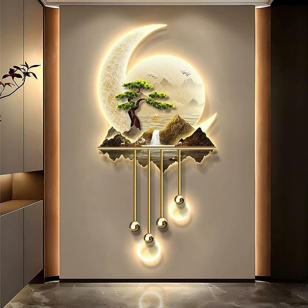 3D Wall Decor with Light art, Wall Art Decor with Metal Ball Pendant, 3D Relief LED Decorative Painting, Plug-in Power Supply, for Entrance, Corridor(B,23.6 * 47.2IN)