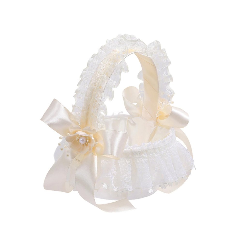 Wedding Flower Girl Basket with Lace Pearl Handle Bowknot Romantic Elegant Flower Basket Wedding Ceremony (A4-Champagne, One Size)