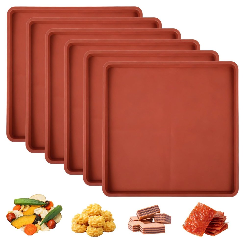 6 Pcs Silicone Dehydrator Sheets, 13.8x13.8" Dehydrator Trays with Edges, Reusable & Non-stick Mats, Heat-resistant Square Tray Liners