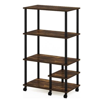 Pemberly Row Kitchen Shelf Cart, 4-Tier Toolless Design, Amber Pine/Black Finish, Composite Wood with PVC Tubes, Lockable Casters, Durable Storage Solution for Cooking Utensils and Supplies