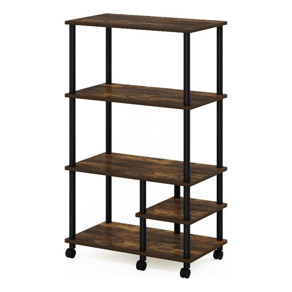 Pemberly Row Kitchen Shelf Cart, 4-Tier Toolless Design, Amber Pine/Black Finish, Composite Wood with PVC Tubes, Lockable Casters, Durable Storage Solution for Cooking Utensils and Supplies
