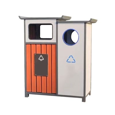 cfycfy987 Outdoor Metal and Wood Splicing Trash Can Double Box Commercial Public Area Rubbish Bin