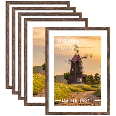Flocey 20x28 Picture Frame Set of 5, Rustic Brown Poster Frame, Display Pictures 16 x 24 with Mat or 20 x 28 Without Mat for Horizontal or Vertical Wall Mounting, Wall Gallery Frame