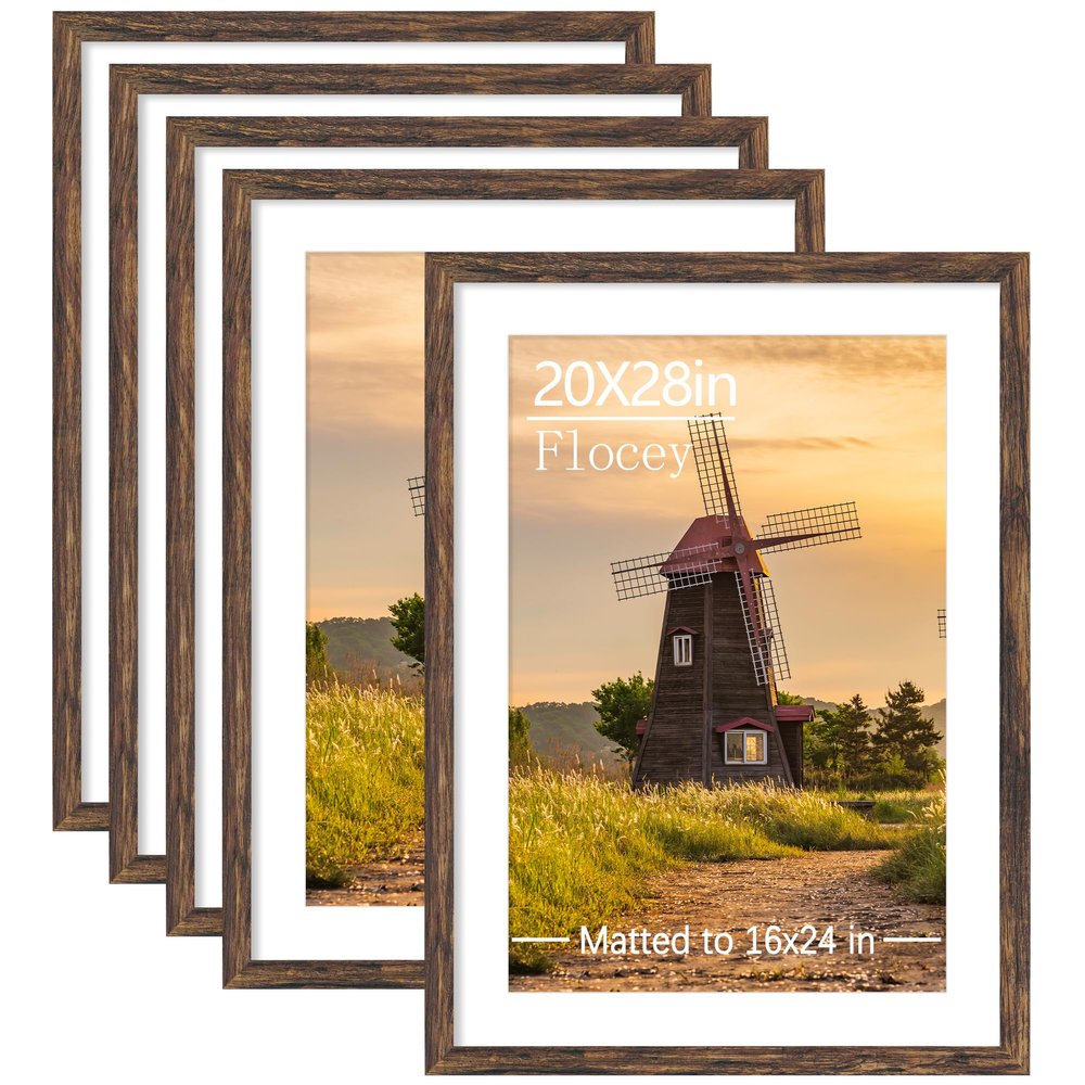 Flocey 20x28 Picture Frame Set of 5, Rustic Brown Poster Frame, Display Pictures 16 x 24 with Mat or 20 x 28 Without Mat for Horizontal or Vertical Wall Mounting, Wall Gallery Frame