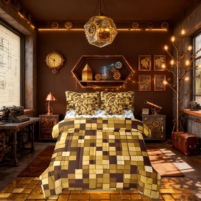 Pixelated Miners Game Kids Comforter Queen Size,Geometric Check Video Games Bedding Set 7 Pcs, Gamepad Grid Modern Decor for Girls Boys,Dark YellowFitted+Sheet+2 Pillowcases+2 Throw Pillow Covers