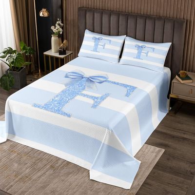 Erosebridal Initial Letter F Girls Bedspread King Size Kawaii Bowknot Quilt Set Modern Blue Stripes Coverlet Set for Kids Children Women Bedroom Decor Cute Sequins Bow Bedding Sets