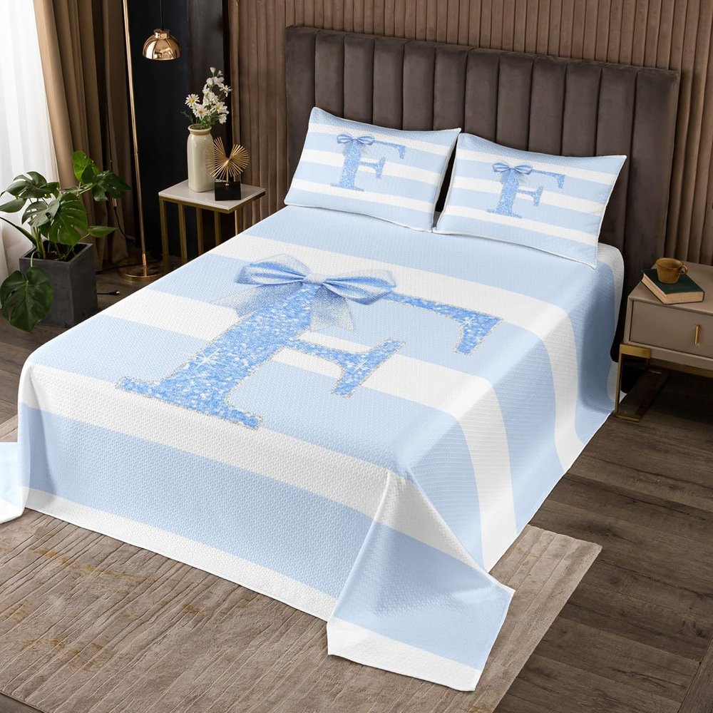 Erosebridal Initial Letter F Girls Bedspread King Size Kawaii Bowknot Quilt Set Modern Blue Stripes Coverlet Set for Kids Children Women Bedroom Decor Cute Sequins Bow Bedding Sets