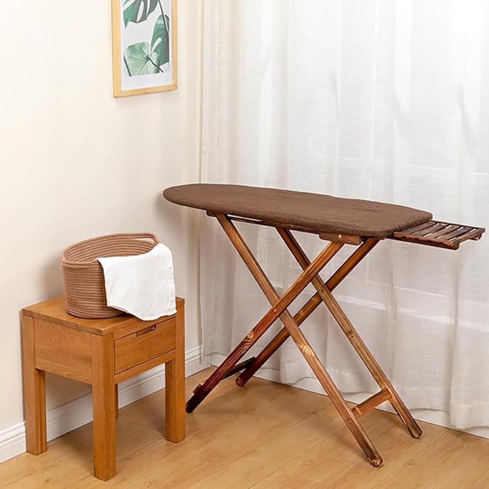 Adjustable Solid Wood Ironing Board - Retro Folding Ironing Rack, Large Vertical Design, Home Use, Brown Finish for Easy Storage & Style