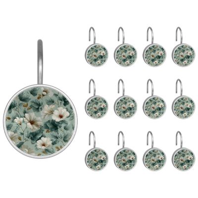 Set of 12 Sage Green Flowers with Leaves Pattern (6) Shower Curtain Hooks, Stainless Steel Shower Hangers for Bathroom, Rustproof Decorative Shower Rings for Bedroom Living Room Shower Curtain Rod