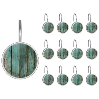 12 Pieces Rustic Distressed Teal Green Barn Wood P Shower Curtain Hooks Rings, Stainless Steel Shower Hook Hanger Rings for Bathroom Living Room Bedroom Home Decor
