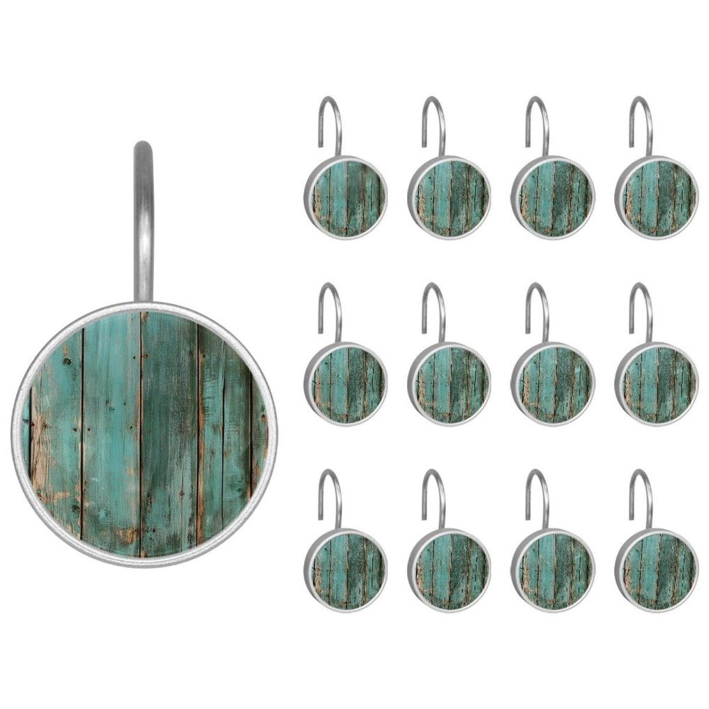 12 Pieces Rustic Distressed Teal Green Barn Wood P Shower Curtain Hooks Rings, Stainless Steel Shower Hook Hanger Rings for Bathroom Living Room Bedroom Home Decor