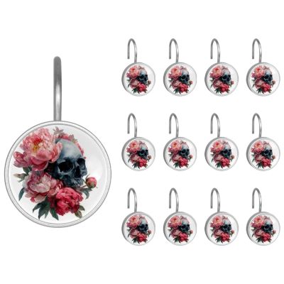 Set of 12 Watercolor Skull and Peonies Flowers (7) Shower Curtain Hooks, Stainless Steel Shower Hangers for Bathroom, Rustproof Decorative Shower Rings for Bedroom Living Room Shower Curtain Rod