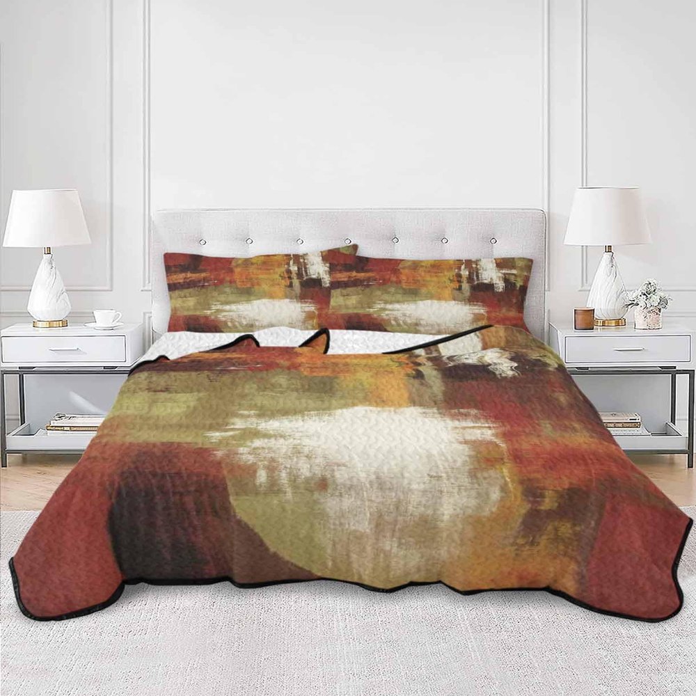 Fall Quilts Full Size, Lightweight Quilted Coverlet Burnt Orange Comforter Set for Bed, Bedspreads Fall Modern Oil Painting Abstract Art Green Brown Quilt Bedding with 2 Pillowcases 78x90 Inch