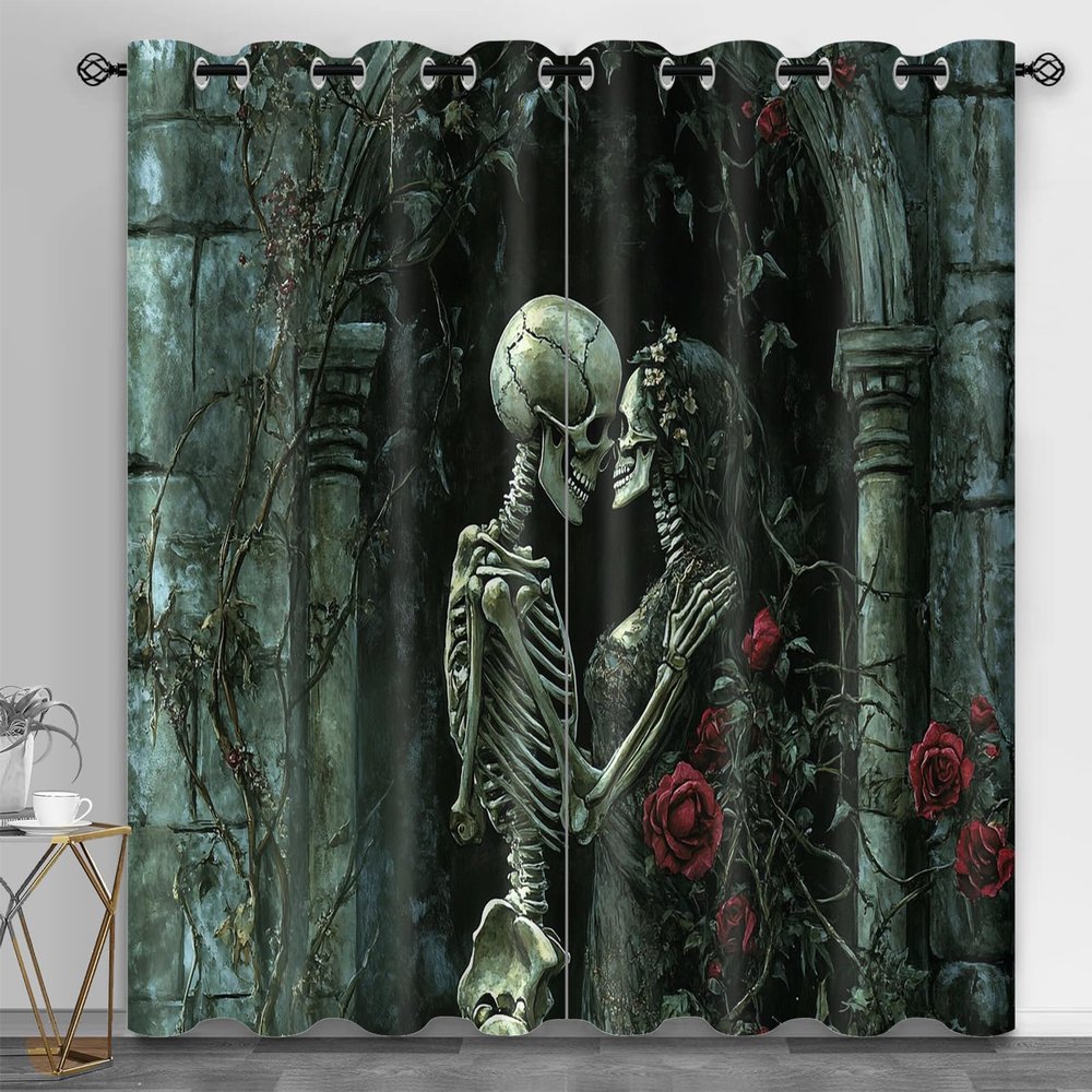 Skull Print Blackout Curtain, Gothic Aesthetics Thermal Insulated Grommets Curtains, Romance 2 Panels Window Curtains for Bedroom Living Room Home Decor, 21 x 72 Inch, 2 Panels