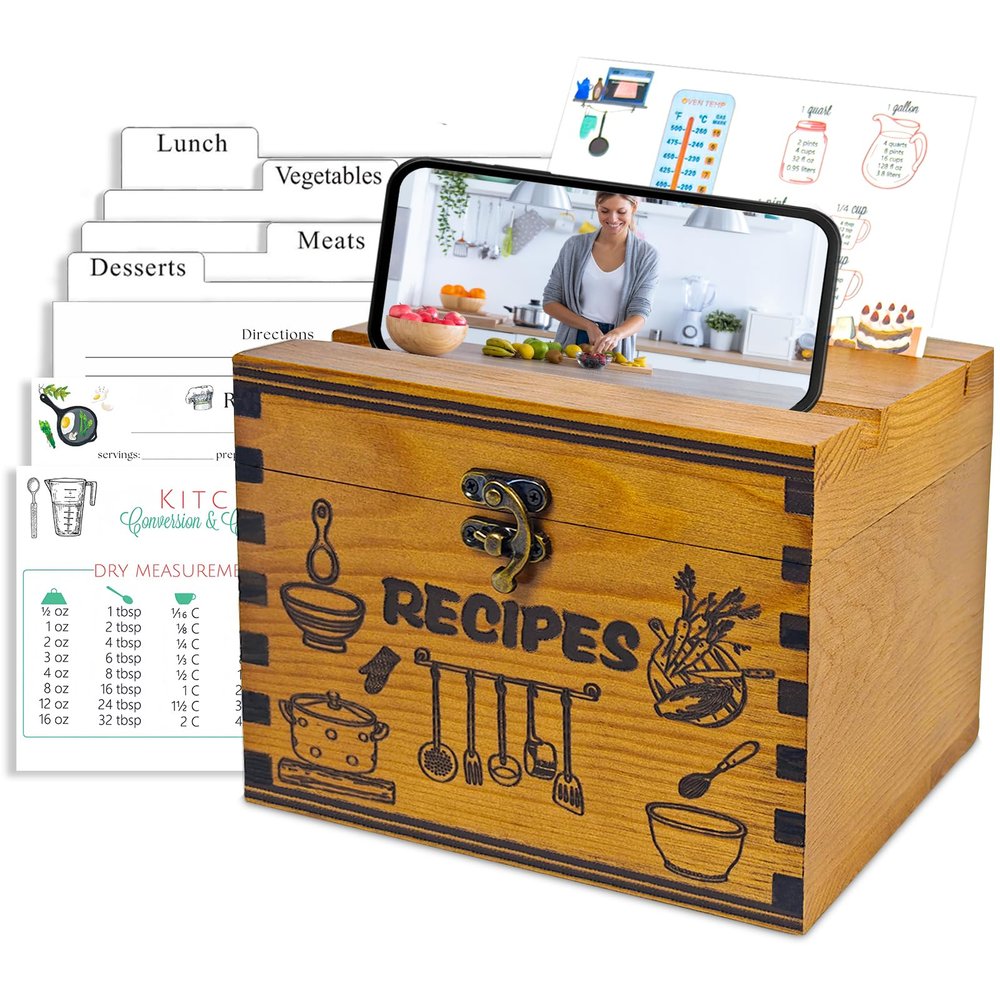 GoShambar Wooden Recipe Box with Cards and Dividers, 4x6 Recipe Card Box Set, Recipe Organizer with Double Lid Slots (Phone Holder & Recipe Holder)