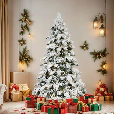8FT Prelit Flocked Christmas Tree, Premium Artificial Christmas Tree with 470 Warm White Lights and 1242 Branch Tips, Realistic Full Pre Lit Xmas Tree with Metal Base & Hinged for Holiday Decoration
