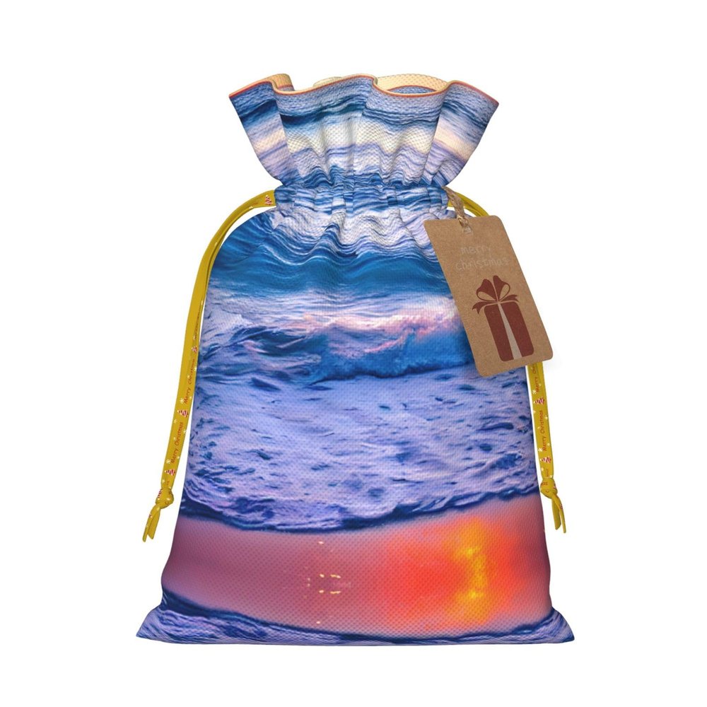 MYHSZTAH Beach Sunset Ocean Waves Print Charming Christmas Gift Bag,Mini Drawstring Pouch,Perfect For Festive Occasions