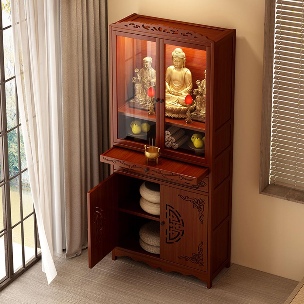 Bamboo Meditation Altar Table with Storage - Buddhist Shrine Cabinet for Home Use, Dual-Mode Drawer Puja Table for Incense & Offerings, Compact Mandir Cabinet Desig Deluxe Edition 20.8"Lx 13"W x 67"H