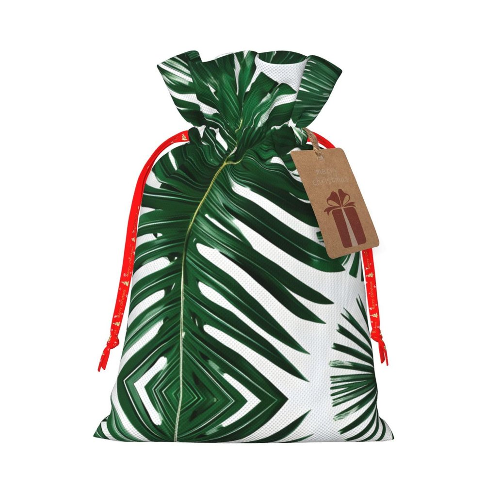 UUIKLPOL Green Palm Leafs Print Stylish Christmas Gift Bag,Reusable Holiday Gift Bags,For Jewelry And Party Favors