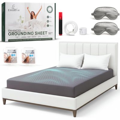 Emberix Grounding Sheets King Size 12% Pure Silver Fiber & 88% Organic Cotton Earthing Fitted Sheet for Better Sleep, Soft Breathable Conductive Grounding Bed Sheet with Grounding Cord - Grey