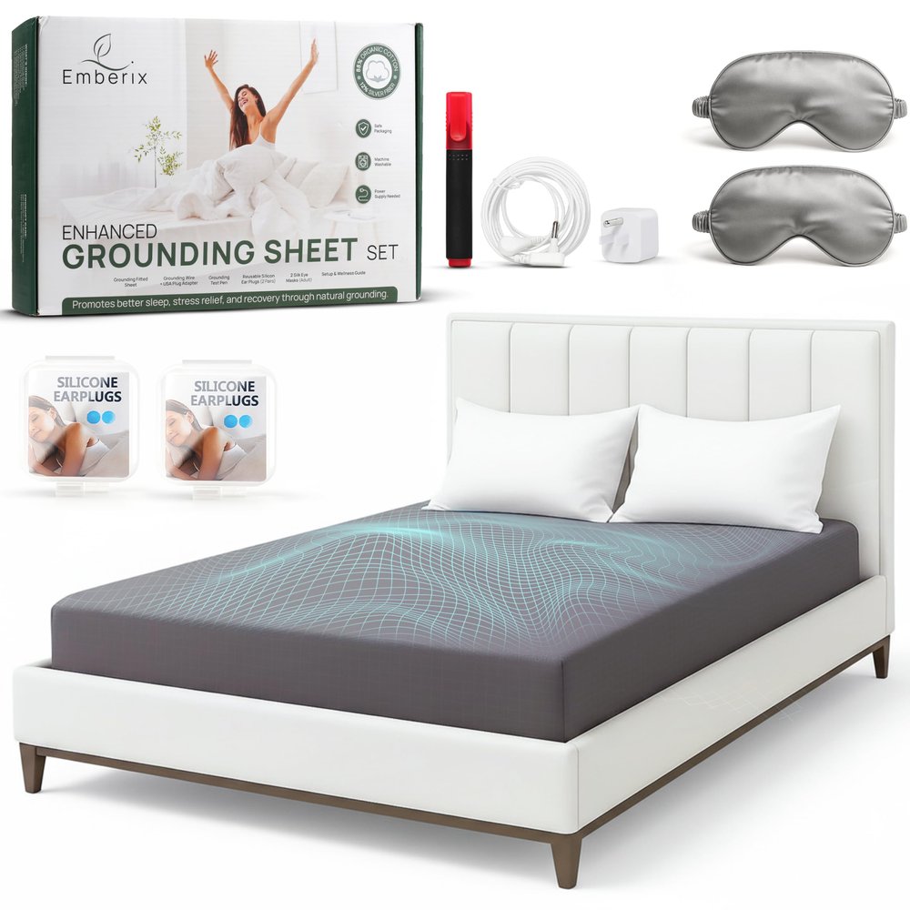Emberix Grounding Sheets King Size 12% Pure Silver Fiber & 88% Organic Cotton Earthing Fitted Sheet for Better Sleep, Soft Breathable Conductive Grounding Bed Sheet with Grounding Cord - Grey