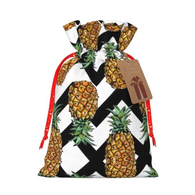 HJKTVDRQ Pineapple With Black And White Striped Print Adorable Christmas Gift Bag,Drawstring Pouches For Small Gifts,Reusable Small Cloth Bags