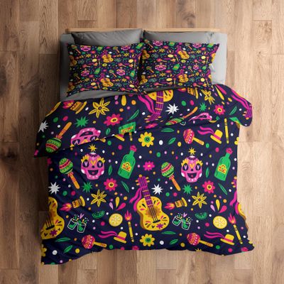 zcwl Day of The Dead Duvet Cover Queen Size | Sugar Skull Guitar Bedding Set | 3 Piece | Soft Microfiber Patterned Comforter Cover with Zipper Ties & 2 Pillowcases | Mexican Bedroom Decor