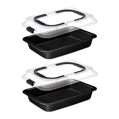 2X Rectangle Deep Oblong Sheet Cake Pan Carrier Baking Dish with Lids, 14.37x9.69x2.20 inch Oven-Safe Bakeware for Casseroles Cooking Travel Gatherings- Black