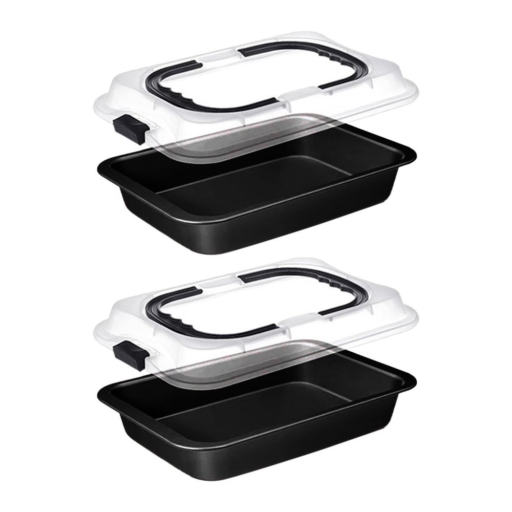 2X Rectangle Deep Oblong Sheet Cake Pan Carrier Baking Dish with Lids, 14.37x9.69x2.20 inch Oven-Safe Bakeware for Casseroles Cooking Travel Gatherings- Black