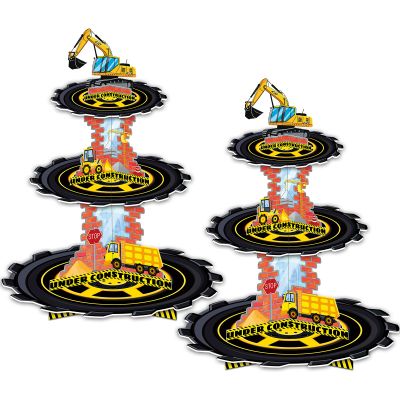 2 Pack Construction Birthday Decorations Party Supplies Favors: 3 Tier Building and Construction Vehicles Theme Cup Cake Stand with Topper, Waterproof Cardboard Cupcake Stand, High Stability