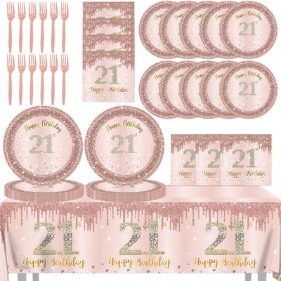 21st Birthday Decorations for Her,61Pcs Rose Gold 21th Decorations Tableware Include Happy 21st Birthday Plates and Napkins,Tablecloth,Forks,21 Decorations for Her,Serve 20