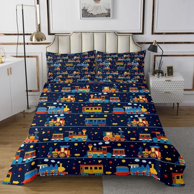 Manfei Cute Train Coverlet Set Twin Size,Cartoon Colorful Trains Quilted Coverlet for Kids Children Room,Colorful Dots Geometric Blue Bedspread 2 Piece Quilt Set with 1 Pillow Sham
