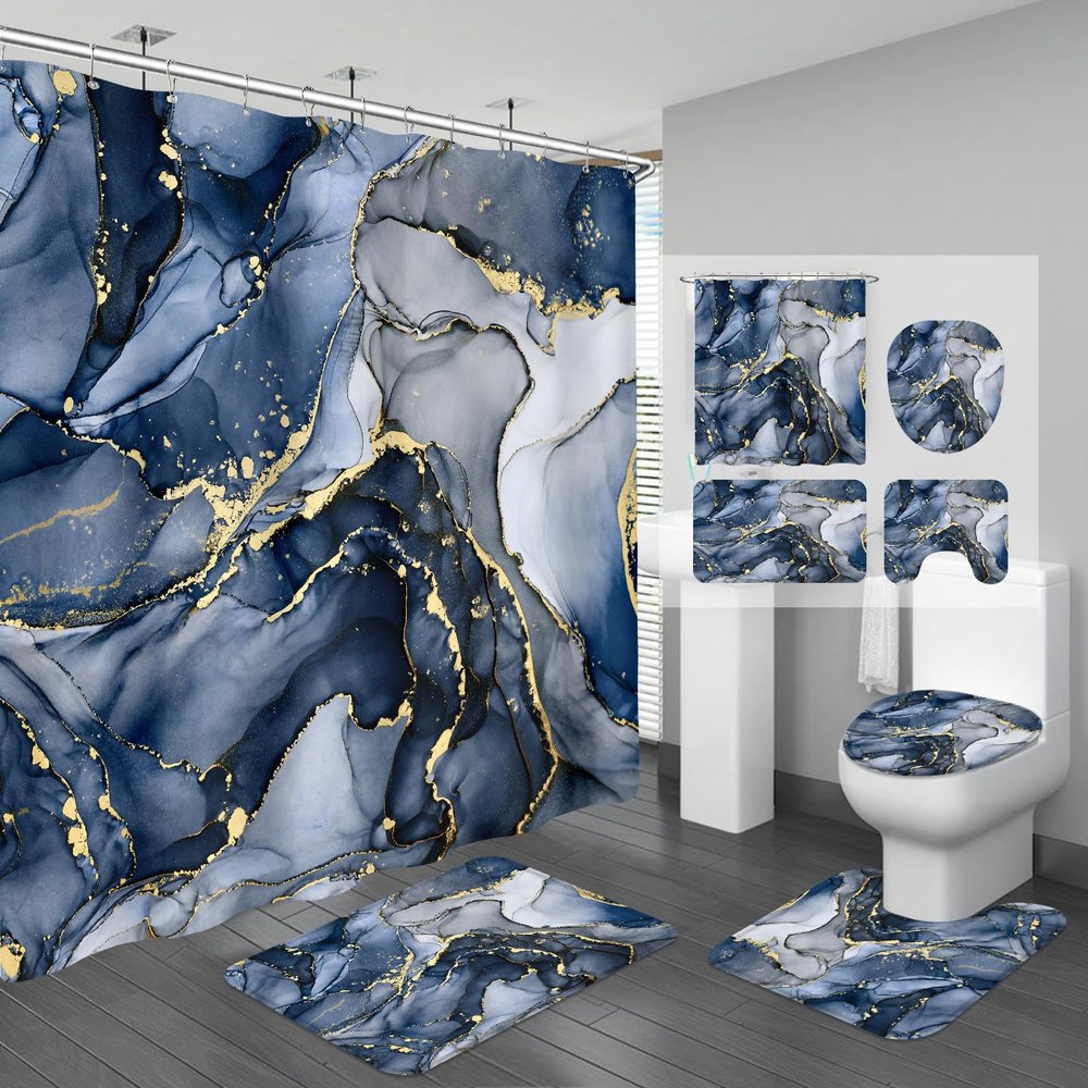 5PCS Navy Blue Marble Bathroom Sets, 2 Shower Curtains - 36x72 & 72x72 with 3PC Rugs
