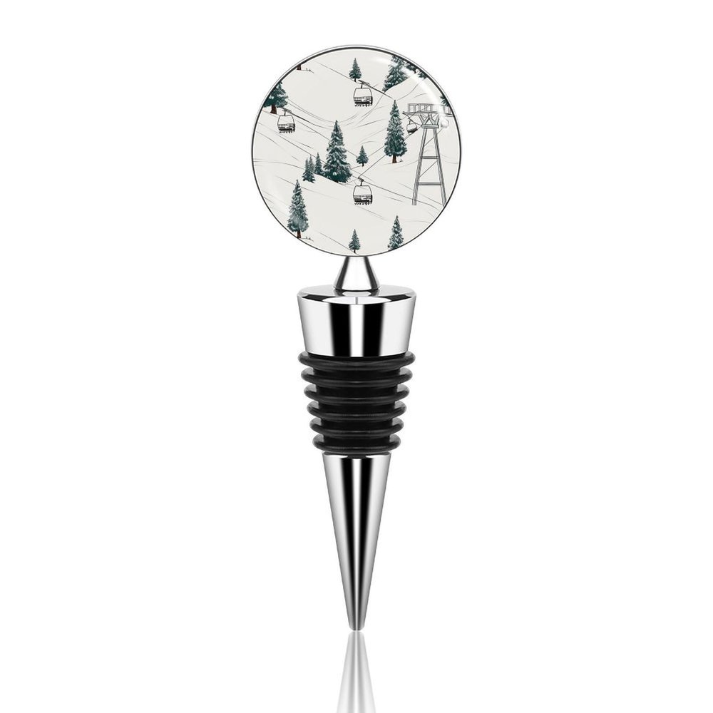 Vacuum Wine Stoppers Stainless Steel Cute Ski Lift With Fir Tree Wine Bottle Stopper with Silicone Seal Reusable Wines Saver Pump Stoppers, Beverage Bottle Stopper, For Party Home Bar Wedding
