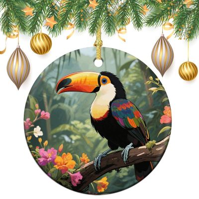 Ceramic Christmas Tree Ornaments with Gold String Porcelain Hanging Toucan in The Rainforest Ornaments for Xmas Tree Fireplace Vintage Double-Sided Holiday Party Decorations Gift, 2.8 Inch