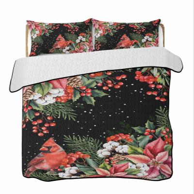 Twin XL Quilt Set, Red Bird Poinsettia Berry Leaf Lightweight Soft Microfiber Summer Bedspread Coverlet with 2 Pillow Shams, Christmas Plant on Black 3 Piece Bedding Set for All Seasons